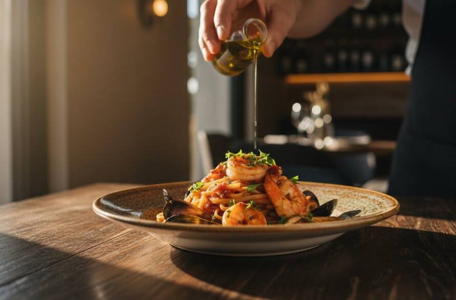 An epic moment captured in Werribee restaurant menu photography styling, featuring a beautifully plated dish with dramatic natural light streaming onto a wooden table, chefs hand artfully arranging a garnish, creating a cinematic, professional photograph with rich colours and depth.