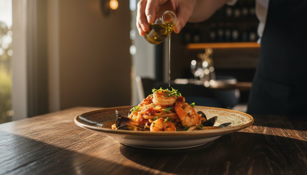 An epic moment captured in Werribee restaurant menu photography styling, featuring a beautifully plated dish with dramatic natural light streaming onto a wooden table, chefs hand artfully arranging a garnish, creating a cinematic, professional photograph with rich colours and depth.