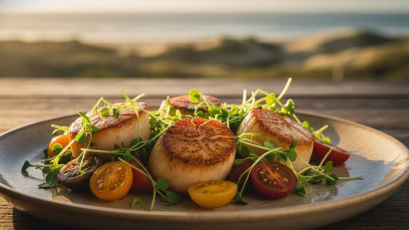 Dramatic overhead shot showcasing a beautifully plated dish of locally sourced, fresh seafood against a rustic wooden table in a Werribee South farm setting, illuminated by golden hour light, embodying Werribee South artisanal food photography.