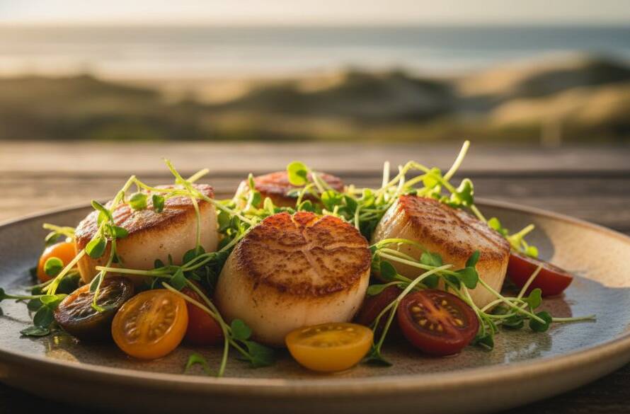 Dramatic overhead shot showcasing a beautifully plated dish of locally sourced, fresh seafood against a rustic wooden table in a Werribee South farm setting, illuminated by golden hour light, embodying Werribee South artisanal food photography.