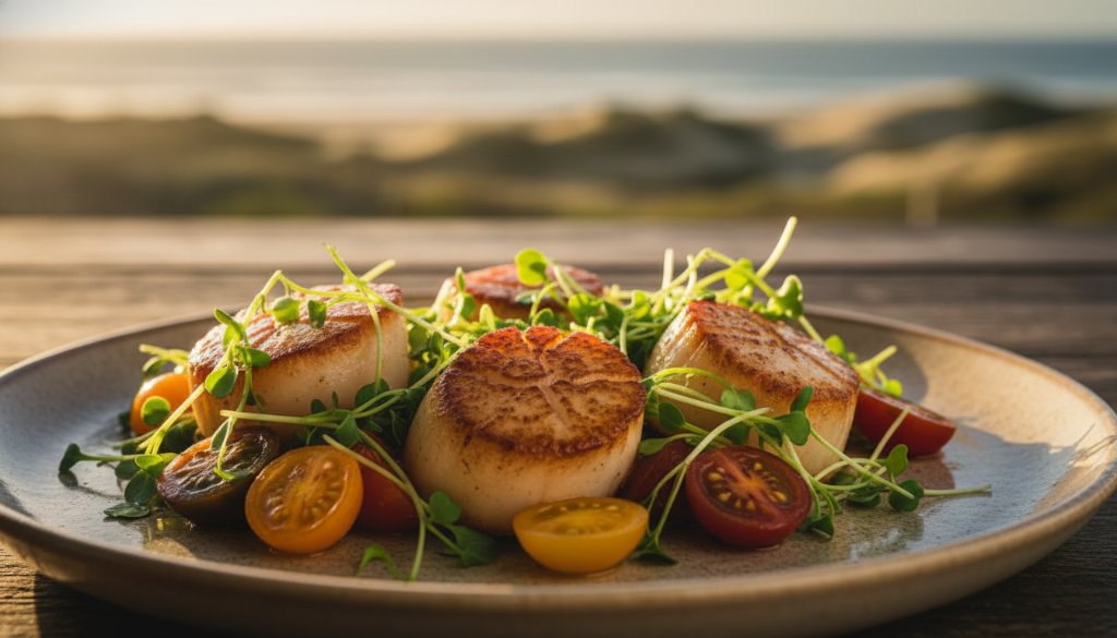 Dramatic overhead shot showcasing a beautifully plated dish of locally sourced, fresh seafood against a rustic wooden table in a Werribee South farm setting, illuminated by golden hour light, embodying Werribee South artisanal food photography.