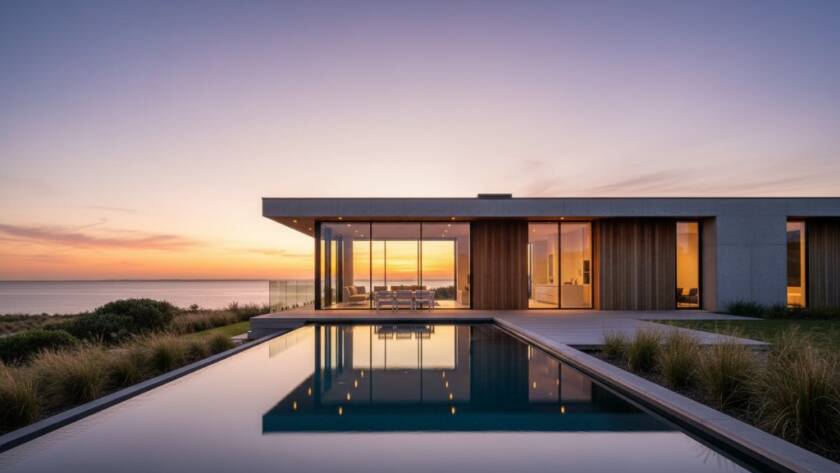 An aerial shot showcasing the elegant lines of a modern coastal home against the Werribee South coastline at sunset, highlighting the unique Werribee South coastal architecture photography nuances with dramatic light and shadow.