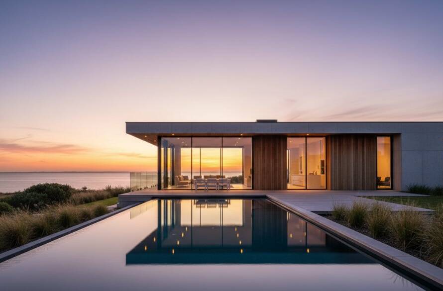 An aerial shot showcasing the elegant lines of a modern coastal home against the Werribee South coastline at sunset, highlighting the unique Werribee South coastal architecture photography nuances with dramatic light and shadow.