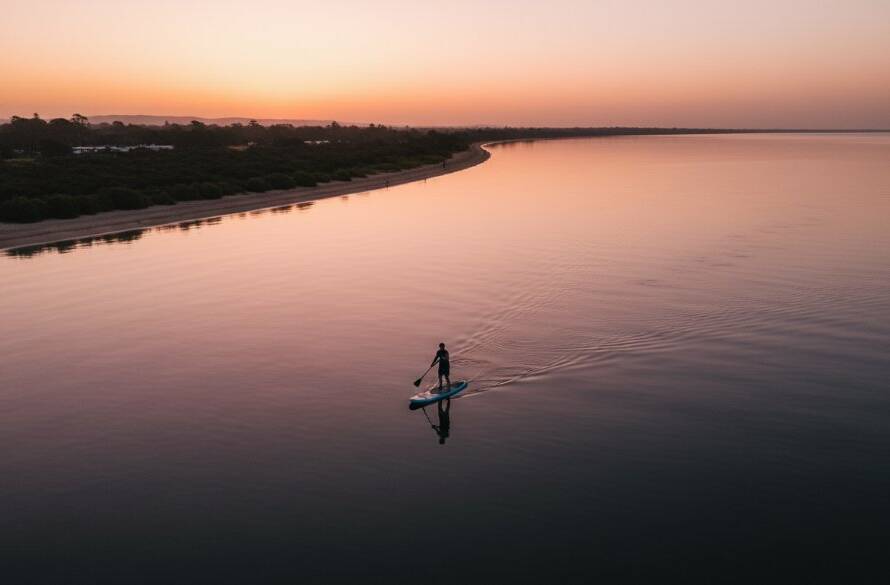 Dramatic aerial photo capturing an 'epic moment' of a lone surfer riding a pristine wave at sunrise over the Werribee South foreshore, illuminated by golden hour light, showcasing the stunning Werribee South coastal drone photography perspective with professional colour grading.