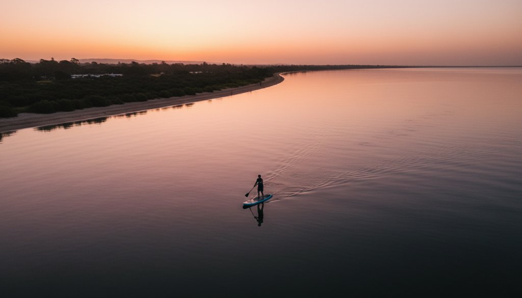 Dramatic aerial photo capturing an 'epic moment' of a lone surfer riding a pristine wave at sunrise over the Werribee South foreshore, illuminated by golden hour light, showcasing the stunning Werribee South coastal drone photography perspective with professional colour grading.