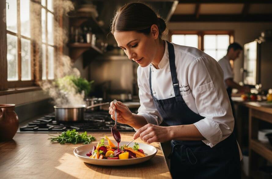 Dramatic, high-angle shot of a chef meticulously plating fresh, vibrant vegetables harvested from a farm in Werribee South, bathed in golden hour light, capturing the essence of werribee south commercial photography showcasing local produce with a professional, cinematic feel.