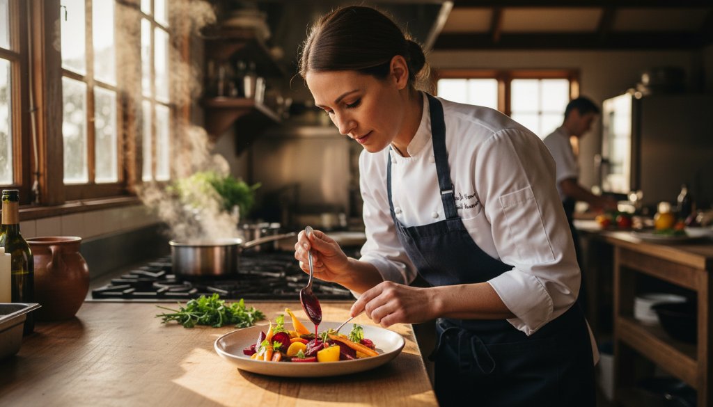 Dramatic, high-angle shot of a chef meticulously plating fresh, vibrant vegetables harvested from a farm in Werribee South, bathed in golden hour light, capturing the essence of werribee south commercial photography showcasing local produce with a professional, cinematic feel.
