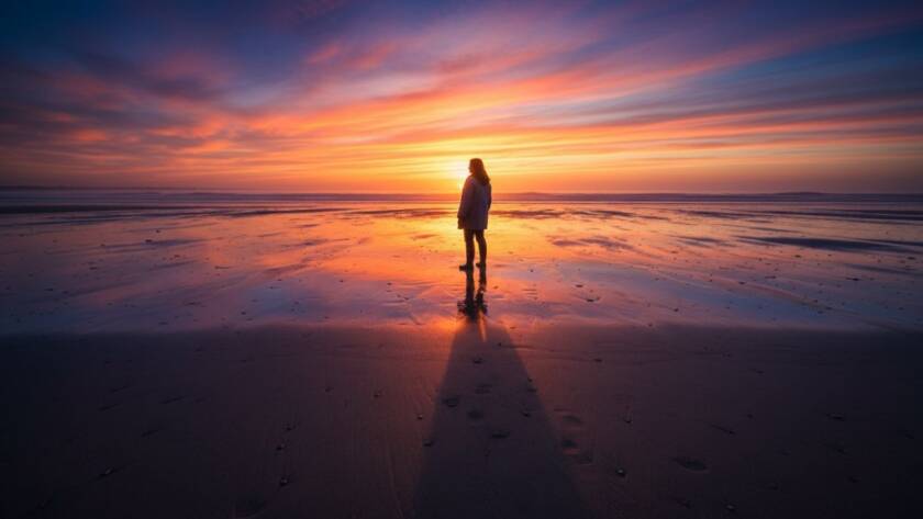 An epic moment of Werribee South editorial photography capturing coastal narratives, featuring a subject silhouetted against a dramatic sunset over Port Phillip Bay, conveying a powerful story of connection to the sea.
