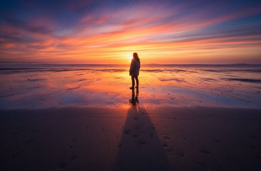 An epic moment of Werribee South editorial photography capturing coastal narratives, featuring a subject silhouetted against a dramatic sunset over Port Phillip Bay, conveying a powerful story of connection to the sea.