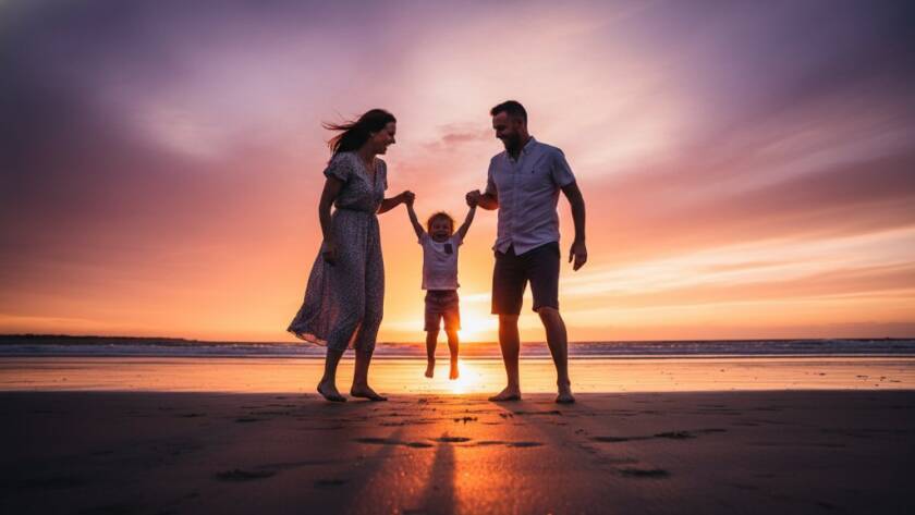 A joyful Werribee South family photography candid sunset moment, parents swinging their laughing child on the beach at golden hour, silhouetted against a vibrant, fiery orange and purple sky, professional cinematic wide shot.