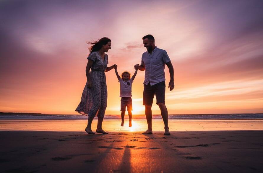 A joyful Werribee South family photography candid sunset moment, parents swinging their laughing child on the beach at golden hour, silhouetted against a vibrant, fiery orange and purple sky, professional cinematic wide shot.