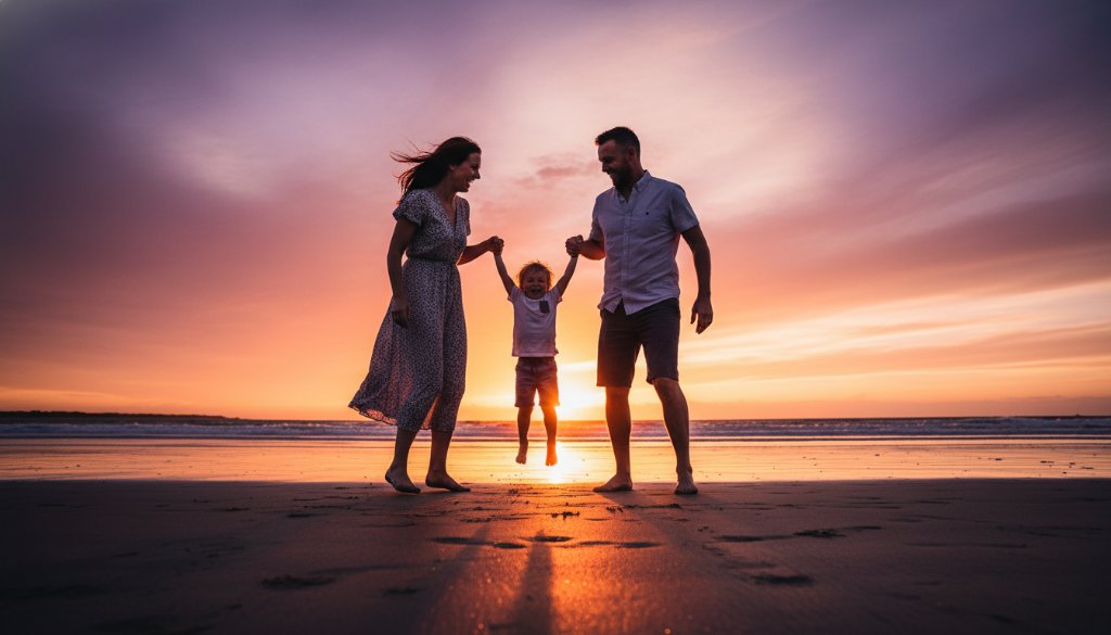 A joyful Werribee South family photography candid sunset moment, parents swinging their laughing child on the beach at golden hour, silhouetted against a vibrant, fiery orange and purple sky, professional cinematic wide shot.