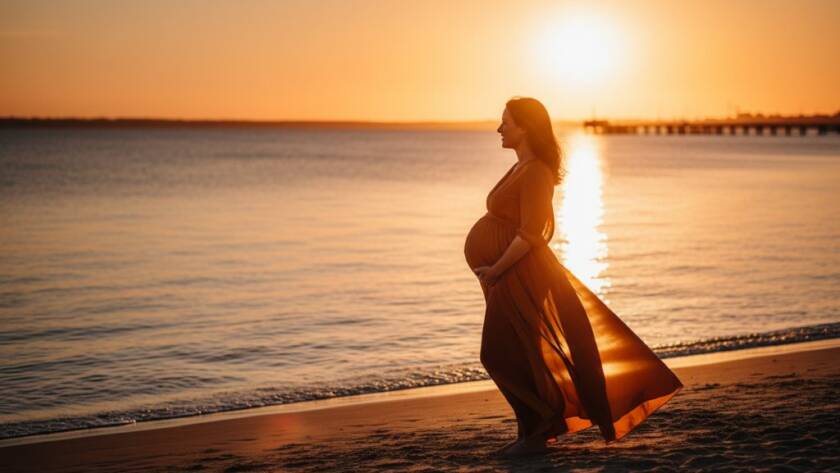 A breathtaking epic moment captured with Werribee South Golden Hour Maternity Photography, featuring a radiant pregnant woman silhouetted against a dramatic sunset over the Werribee South coastline, her hand gently cradling her baby bump, with golden light reflecting on the water.