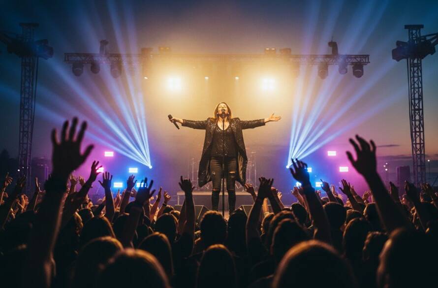 A dynamic, wide-angle shot of a lead guitarist mid-solo on a vibrant stage, bathed in dramatic magenta and blue stage lights, capturing Werribee South live music photography unforgettable moments with the energetic crowd visible in the foreground, blurred by motion and light, exuding an electric atmosphere.