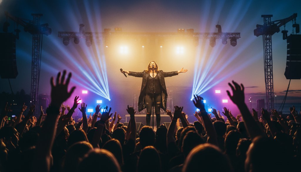 A dynamic, wide-angle shot of a lead guitarist mid-solo on a vibrant stage, bathed in dramatic magenta and blue stage lights, capturing Werribee South live music photography unforgettable moments with the energetic crowd visible in the foreground, blurred by motion and light, exuding an electric atmosphere.