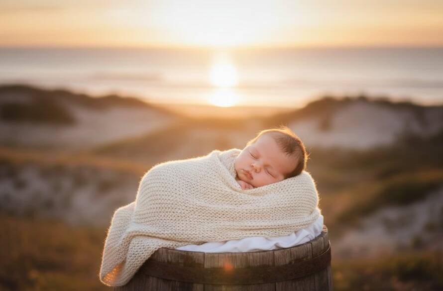 A heartwarming candid shot featuring a content baby sleeping peacefully on a soft blanket amidst the golden hour glow, backdropped by the serene coastal landscape of Werribee South, epitomising professional Werribee South natural light baby photography.
