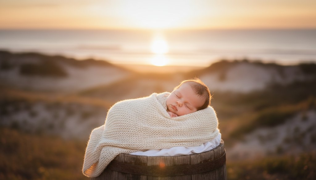 A heartwarming candid shot featuring a content baby sleeping peacefully on a soft blanket amidst the golden hour glow, backdropped by the serene coastal landscape of Werribee South, epitomising professional Werribee South natural light baby photography.