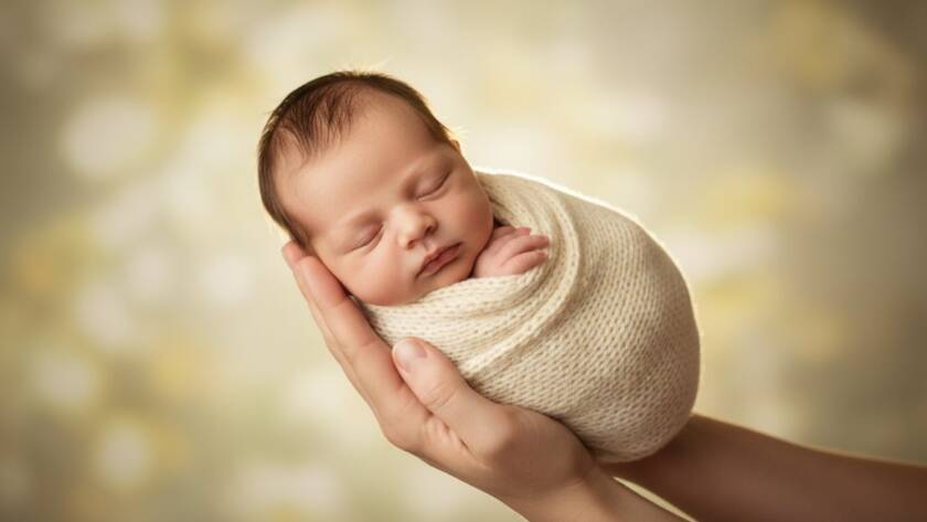 A serene and heartwarming portrait from a Werribee South newborn photography gentle studio session, featuring a tiny baby swaddled in soft fabrics, cradled gently in a parent's arms, bathed in a warm, ethereal glow, creating an epic moment of pure love and connection.