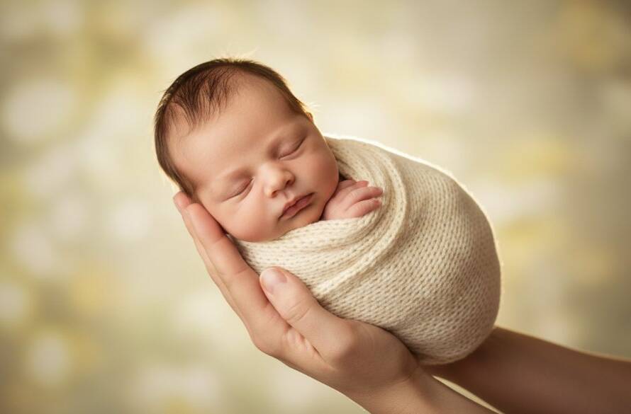 A serene and heartwarming portrait from a Werribee South newborn photography gentle studio session, featuring a tiny baby swaddled in soft fabrics, cradled gently in a parent's arms, bathed in a warm, ethereal glow, creating an epic moment of pure love and connection.
