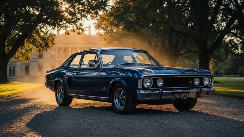 A classic muscle car, gleaming under the golden hour sun at one of Werribee's unique automotive photoshoot locations, showcasing its powerful lines against a historic backdrop, captured with dramatic lighting and professional colour grading.