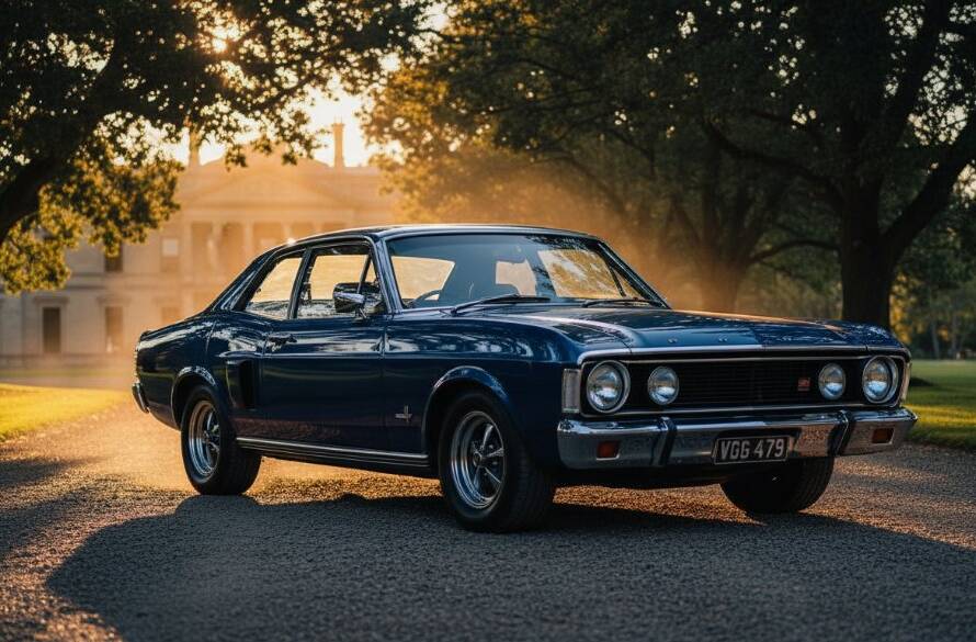 A classic muscle car, gleaming under the golden hour sun at one of Werribee's unique automotive photoshoot locations, showcasing its powerful lines against a historic backdrop, captured with dramatic lighting and professional colour grading.