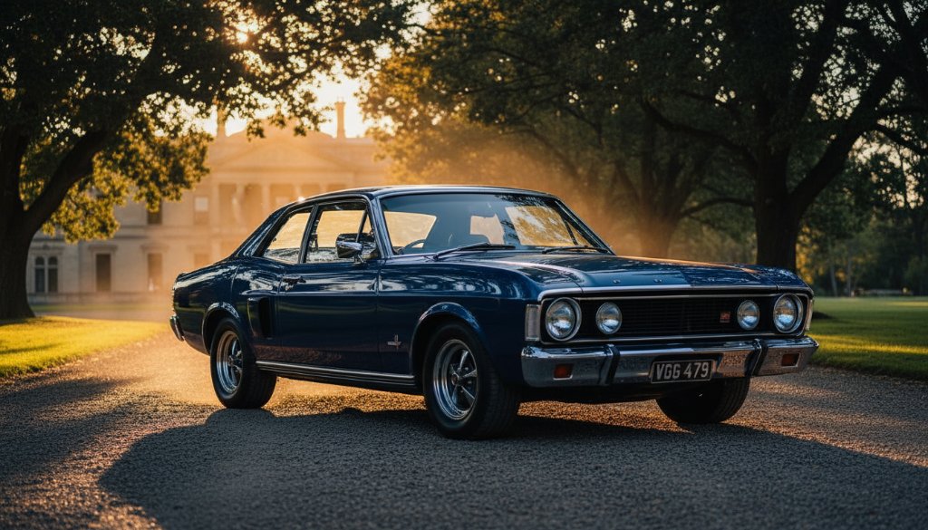 A classic muscle car, gleaming under the golden hour sun at one of Werribee's unique automotive photoshoot locations, showcasing its powerful lines against a historic backdrop, captured with dramatic lighting and professional colour grading.