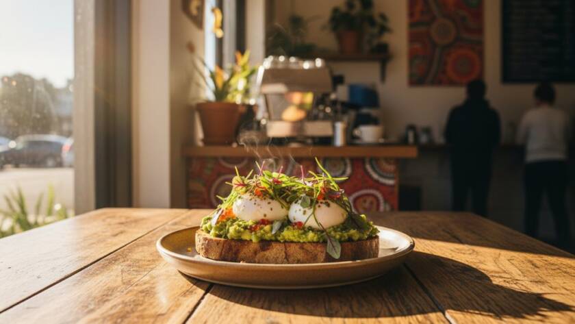A captivating close-up of a perfectly plated brunch dish, steam gently rising, bathed in dramatic natural light within a bustling West Footscray cafe, showcasing West Footscray cafe food photography excellence.