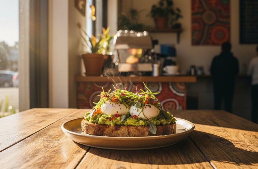 A captivating close-up of a perfectly plated brunch dish, steam gently rising, bathed in dramatic natural light within a bustling West Footscray cafe, showcasing West Footscray cafe food photography excellence.