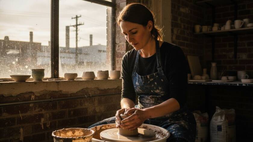 A dynamic, high-contrast photograph showcasing West Footscray editorial photography capturing local stories, featuring a local artist passionately working in a vibrant West Footscray studio, sunlight streaming dramatically, professional colour grading.