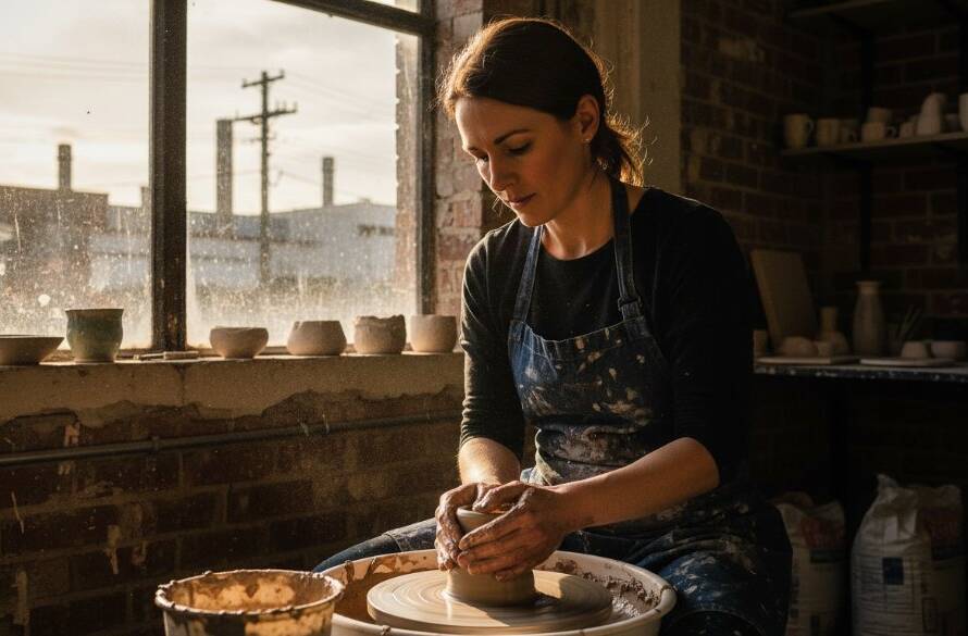 A dynamic, high-contrast photograph showcasing West Footscray editorial photography capturing local stories, featuring a local artist passionately working in a vibrant West Footscray studio, sunlight streaming dramatically, professional colour grading.