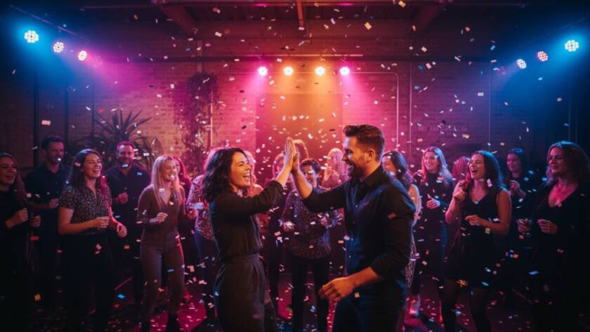 A wide-angle, low-light photograph capturing an ecstatic crowd dancing under colourful disco lights at a vibrant West Footscray party, showcasing expert West Footscray party photography vibrant celebrations with dynamic energy.