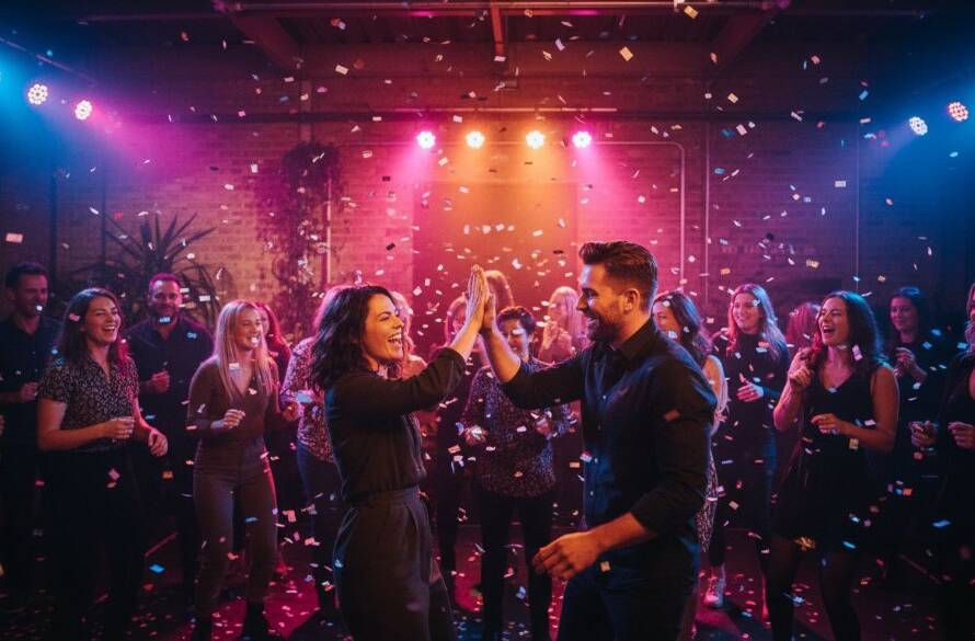 A wide-angle, low-light photograph capturing an ecstatic crowd dancing under colourful disco lights at a vibrant West Footscray party, showcasing expert West Footscray party photography vibrant celebrations with dynamic energy.