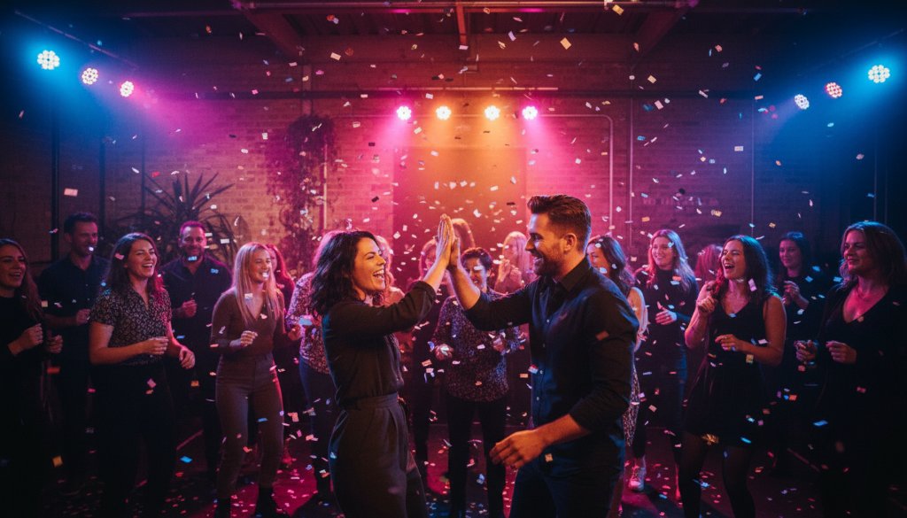 A wide-angle, low-light photograph capturing an ecstatic crowd dancing under colourful disco lights at a vibrant West Footscray party, showcasing expert West Footscray party photography vibrant celebrations with dynamic energy.