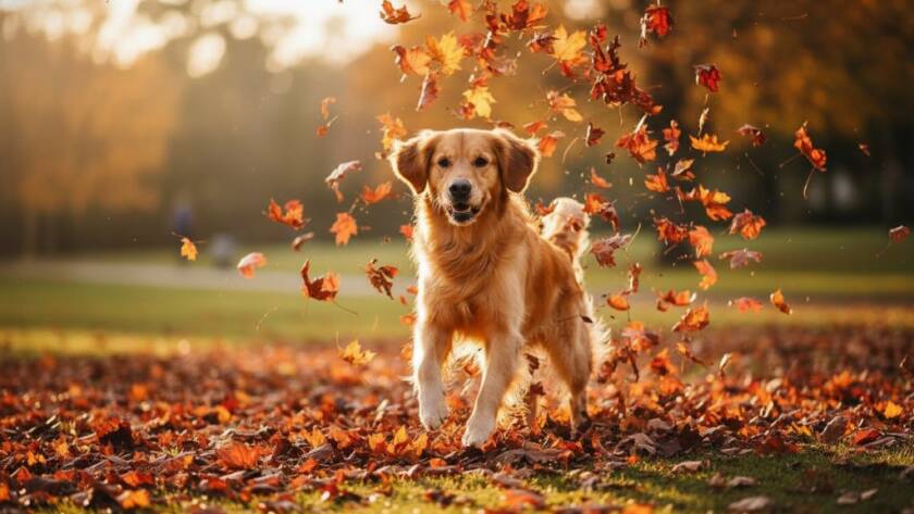 A heartwarming, professionally colour-graded cinematic photograph showcasing the West Footscray pet photography vibrant personality captures of a golden retriever joyfully leaping through autumn leaves in Cruickshank Park, West Footscray, with the setting sun casting dramatic golden light and creating an epic moment of pure canine bliss and motion.