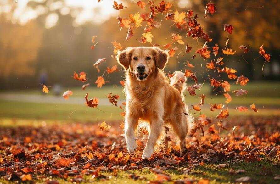A heartwarming, professionally colour-graded cinematic photograph showcasing the West Footscray pet photography vibrant personality captures of a golden retriever joyfully leaping through autumn leaves in Cruickshank Park, West Footscray, with the setting sun casting dramatic golden light and creating an epic moment of pure canine bliss and motion.