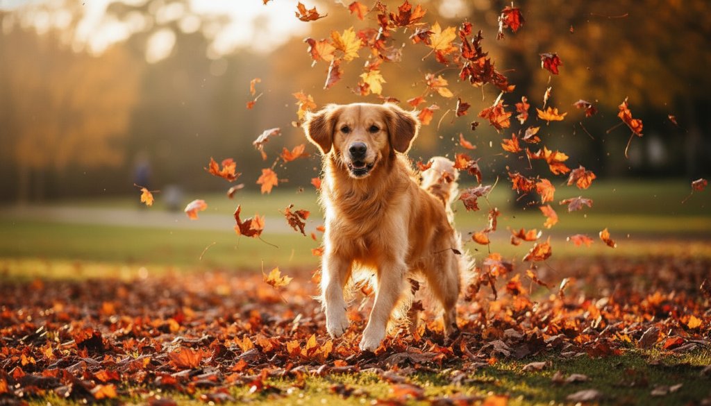 A heartwarming, professionally colour-graded cinematic photograph showcasing the West Footscray pet photography vibrant personality captures of a golden retriever joyfully leaping through autumn leaves in Cruickshank Park, West Footscray, with the setting sun casting dramatic golden light and creating an epic moment of pure canine bliss and motion.