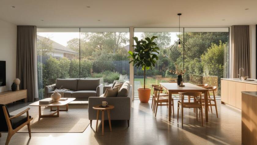 Dramatic wide-angle shot showcasing a modern, light-filled living area of a beautifully staged home in West Footscray, bathed in golden hour sunlight streaming through large windows, highlighting the architectural details and inviting atmosphere for West Footscray real estate photography to attract premium buyers.