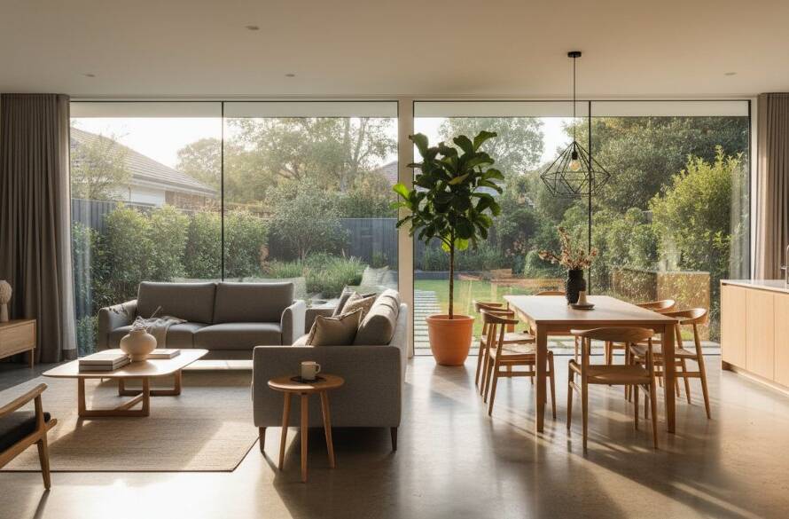 Dramatic wide-angle shot showcasing a modern, light-filled living area of a beautifully staged home in West Footscray, bathed in golden hour sunlight streaming through large windows, highlighting the architectural details and inviting atmosphere for West Footscray real estate photography to attract premium buyers.