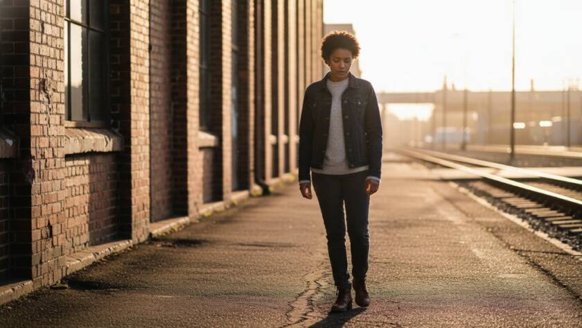 A dramatically lit, cinematic photograph embodying West Footscray urban fine art photography storytelling, featuring a lone figure silhouetted against the iconic West Footscray train station under a brooding, golden hour sky, evoking a sense of profound introspection and urban beauty.