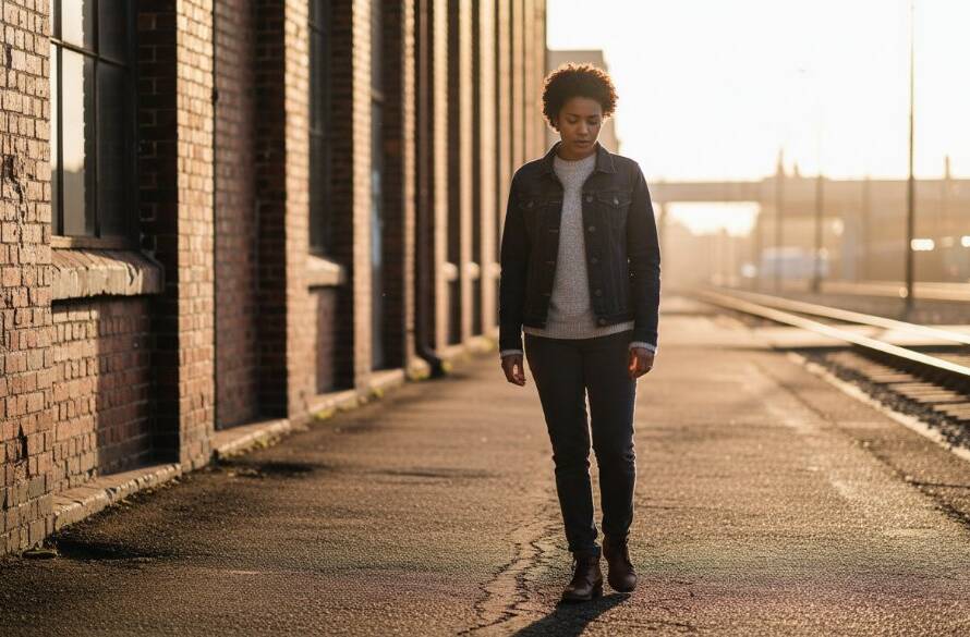 A dramatically lit, cinematic photograph embodying West Footscray urban fine art photography storytelling, featuring a lone figure silhouetted against the iconic West Footscray train station under a brooding, golden hour sky, evoking a sense of profound introspection and urban beauty.