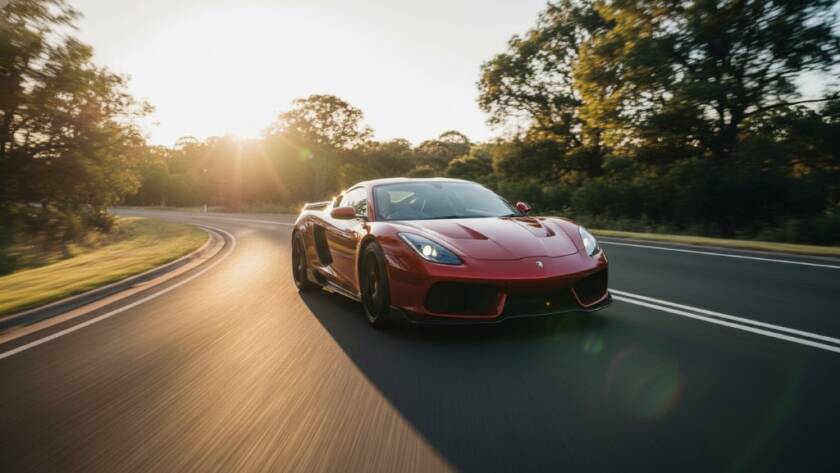 Dramatic shot of a gleaming red sports car speeding through a scenic road in Wheelers Hill during golden hour, expertly captured with Wheelers Hill high-performance car photography, highlighting its power and elegance.