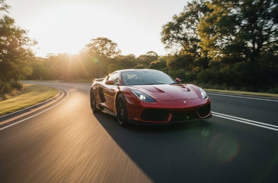 Dramatic shot of a gleaming red sports car speeding through a scenic road in Wheelers Hill during golden hour, expertly captured with Wheelers Hill high-performance car photography, highlighting its power and elegance.