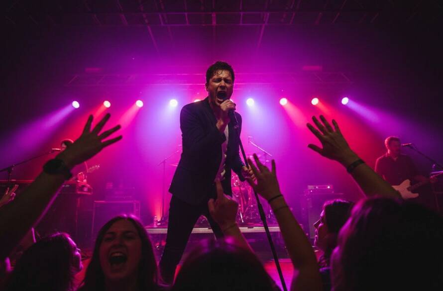 A wide shot capturing Wheelers Hill live music photography capturing electrifying moments, showing a lead singer mid-scream under dramatic stage lights, with a cheering crowd in the foreground and a vibrant atmosphere.