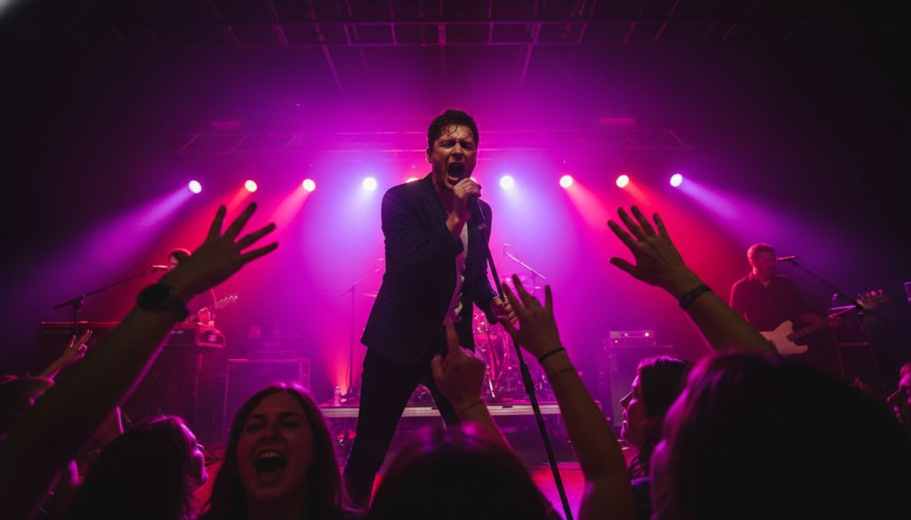 A wide shot capturing Wheelers Hill live music photography capturing electrifying moments, showing a lead singer mid-scream under dramatic stage lights, with a cheering crowd in the foreground and a vibrant atmosphere.