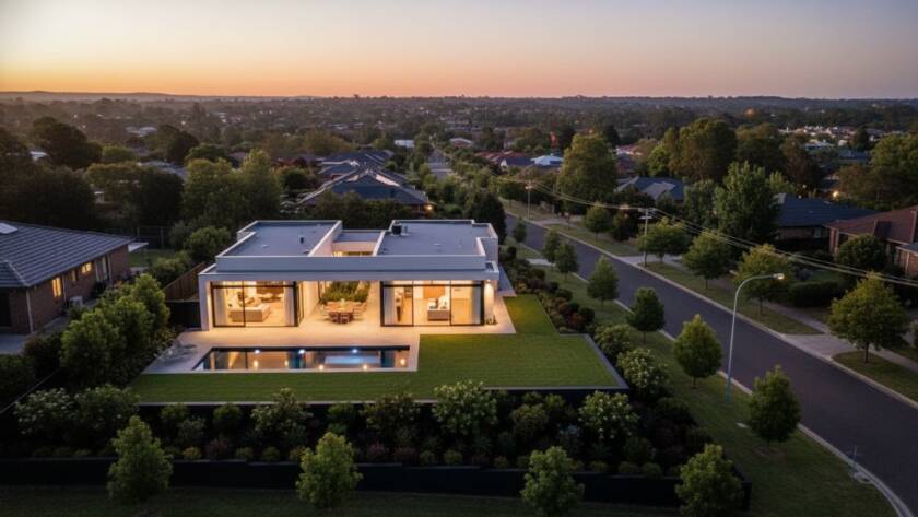 An elevated twilight view showcasing Wheelers Hill real estate photography capturing home essence, featuring a modern family home with warm interior lights glowing, surrounded by lush green gardens, under a dramatic, colourful sunset sky, emphasising professional property appeal.