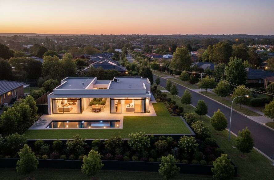 An elevated twilight view showcasing Wheelers Hill real estate photography capturing home essence, featuring a modern family home with warm interior lights glowing, surrounded by lush green gardens, under a dramatic, colourful sunset sky, emphasising professional property appeal.