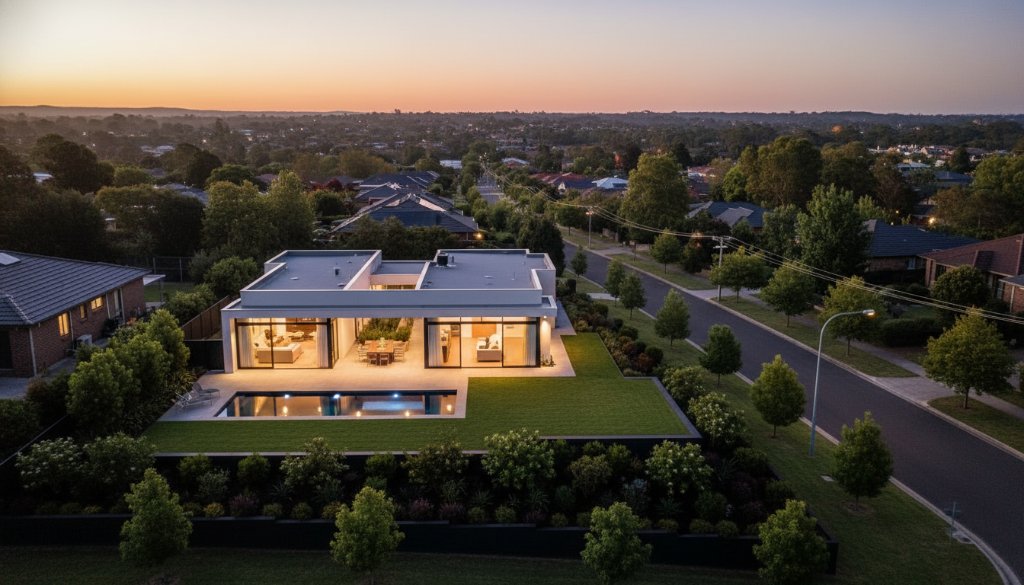 An elevated twilight view showcasing Wheelers Hill real estate photography capturing home essence, featuring a modern family home with warm interior lights glowing, surrounded by lush green gardens, under a dramatic, colourful sunset sky, emphasising professional property appeal.