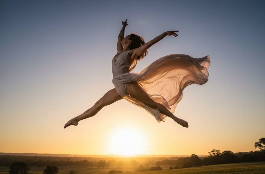 A dynamic and breathtaking capture from a Wheelers Hill vibrant dance photography session, featuring a contemporary dancer mid-air in a powerful leap, silhouetted against a dramatic sunset over Wheelers Hill, showcasing incredible form and emotion with cinematic lighting.
