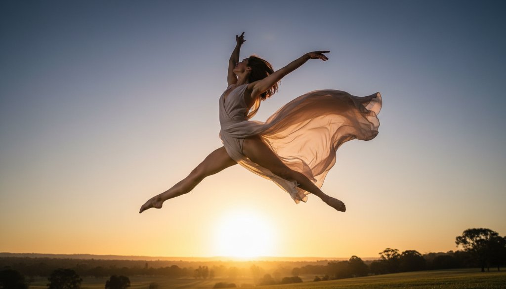 A dynamic and breathtaking capture from a Wheelers Hill vibrant dance photography session, featuring a contemporary dancer mid-air in a powerful leap, silhouetted against a dramatic sunset over Wheelers Hill, showcasing incredible form and emotion with cinematic lighting.