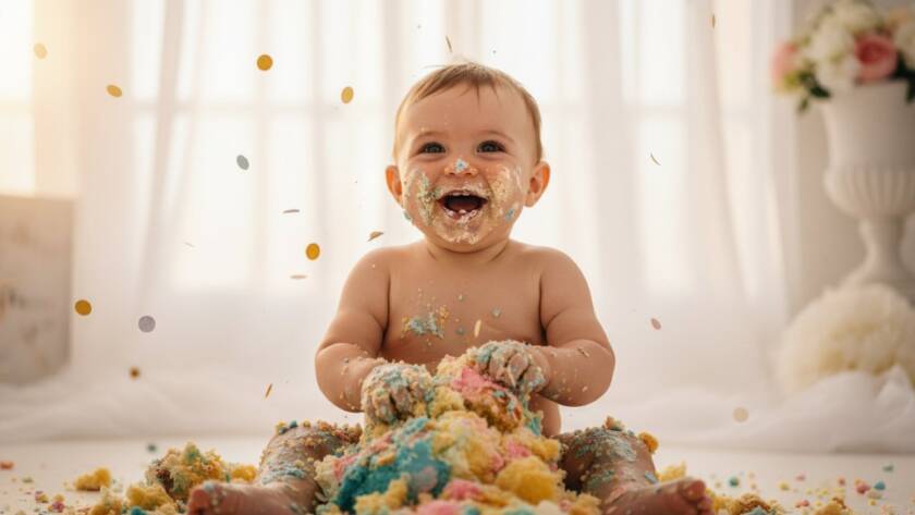 An epic, joy-filled shot from a Wheelers Hill Victoria cake smash photography session, showing a baby triumphantly smashing a colourful cake, icing smeared across their beaming face, golden afternoon light streaming into a beautifully styled studio, capturing pure, unadulterated first birthday joy.